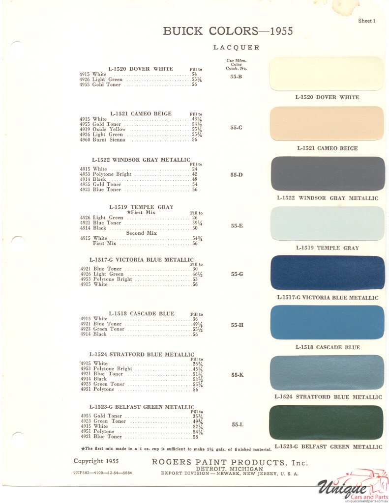 1955 Buick Paint Charts Rogers 1